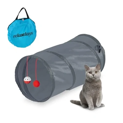 Imagen de Relaxdays Túnel para Gatos Plegable, 48 x 26 cm, Tubo Gatitos con Juguetes y Bolsa, Juego Interactivo, Gris, Poliéster