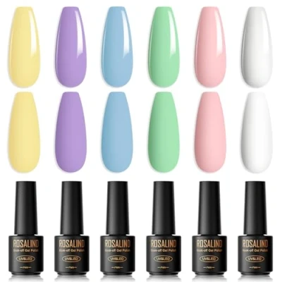 Imagen de ROSALIND Esmaltes Semipermanentes Para Uñas,6 Colores Mini Macarrón Blanco Rosa Púrpura Azul Verde Primavera y Verano De Color Claro Soak Off UV Pintauñas Gel