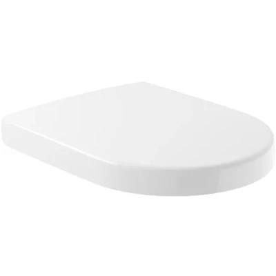 Imagen de asiento para inodoro Subway 2.0 de Villeroy &amp; Boch, con tapa y cierre automático, fabricado Duroplast resistente, pieza recambio original, en forma D, color blanco, brillante