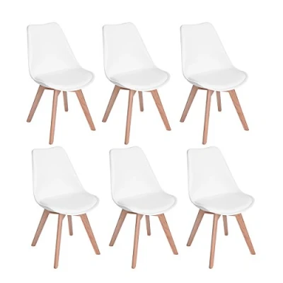 Imagen de H.J WeDoo Pack de 6 Sillas Comedor Silla Escandinava, Pata Madera Haya y Asiento Acolchado, Estilo Nórdico Blanca