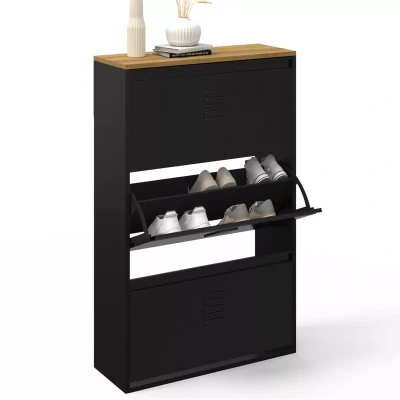 Imagen de IDMarket Zapatero máximo capacidad ESTER 3 puertas 18 pares metal negro y bandeja madera diseño industrial