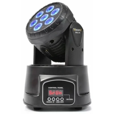 Imagen de BeamZ MHL74 Mini Cabeza Móvil Wash 7 x 10W, DMX o 12 Canales Quad Led, Luces Estroboscópicas Baño de Color, Modos y Auto, Función Maestro/Esclavo, Luz Fiesta Discoteca con Efectos Led Dj