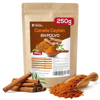 Imagen de Detox Organica Canela Ceylan en Polvo 250g de Especia 100% Natural, Suavemente Secada y Molida Vegana, Sin Aditivos Ceylon Cinammon Puro Empaquetado Alemania