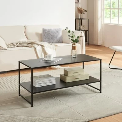 Imagen de [en.casa] Mesa de Centro Rectangular con 1 Estante Inferior Diseño Industrial Robusta Baja para Salón Sala Espera Oficina Acero 102x43x46 cm Negro Mate