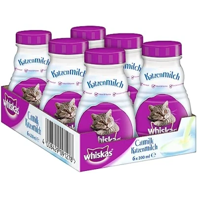 Imagen de Whiskas Leche para Gatos a Partir de 6 semanas, Delicioso Aperitivo un Gato Feliz, sin lactosa y fácil digerir, Juego Botellas 200 ml