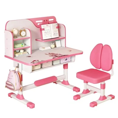 Imagen de Calager Juego de escritorio y silla para niños, altura ajustable, estudio mesa escritura estudiantes escolares con cajón soporte libros,