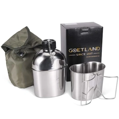 Imagen de Goetland US Militar Acero Inox Cantimplora 1,2l con 0,6l Jarras Vaso Bolas Nailon Botella Agua Camping Accesorios
