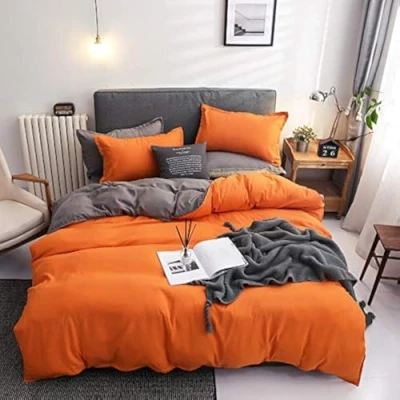 Imagen de Damier Juego de ropa cama 135 x 200 cm, color naranja y gris, reversible, 2 piezas, microfibra suave, funda nórdica con cremallera para individual 1 almohada 80 cm