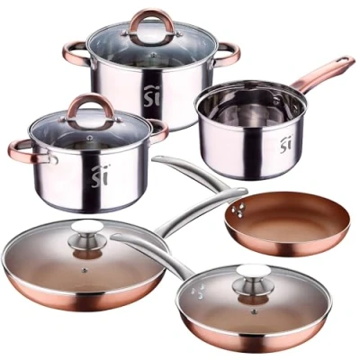 Imagen de Juego de batería cocina &quot;Onil&quot; 5pc en acero inoxidable + set 5 sartenes aluminio prensado