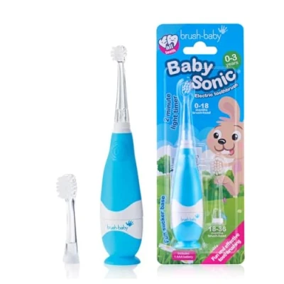Imagen de cepillo de dientes eléctrico BabySonic Baby Blue para niños pequeños, cerdas extrasuaves, temporizador 2 minutos y cabezal con luz LED edades 0 a 3 años