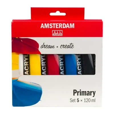 Imagen de Amsterdam Standard Series Pintura Acrílica Set de Mezcla Teoría del Color (5 x 120 ml) Colores Primarios + Negro y Blanco