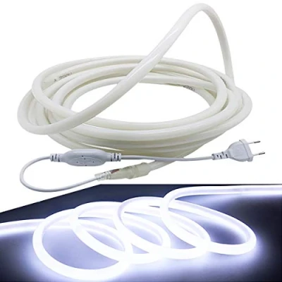 Imagen de FOLGEMIR Tira de cuerda neón redonda, 10m Blanco Frío, luminiscencia 360, flexible 2835 LED sin puntos luz, iluminación 230V, IP65 impermeable, DIY Decoración