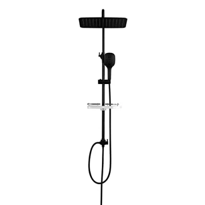 Imagen de JOHO Columna Ducha Negra Ajustable en Altura con Estante Set de sin Mezclador Grifo Termostático 35x25cm