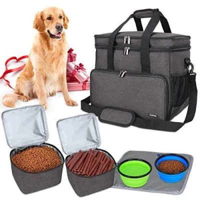 Imagen de Teamoy Bolsa de Viaje para Perro, Perro con 2 tazones Plegables Silicona, Almacenamiento Alimentos, 1 Estera Platos (Grande, Negro)