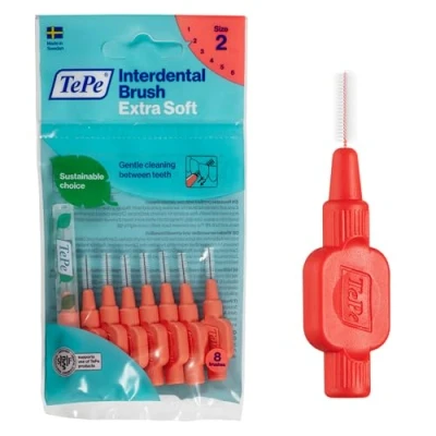 Imagen de TePe Cepillos interdentales Extra Suaves/Palillos para una higiene bucal delicada/Tamaño 2, diámetro 0,5mm / 8 unidades por paquete, color rojo claro