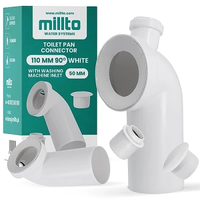 Imagen de Millto™ codo de conexión para inodoro, 110 mm, tubo 90º con salida lavadora 50 conector polipropileno, sistema desagüe, color blanco