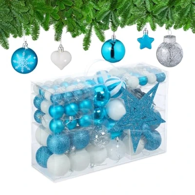 Imagen de Relaxdays Set 101 Bolas Árbol Navidad, Plástico, Adornos Navideños con Bolitas y Estrella, Decoración, Petróleo/Blanco, Varios tamaños
