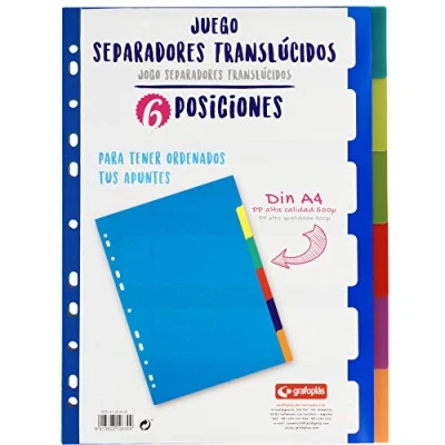 Imagen de Grafoplás 41260400. Juego de Separadores Colores para Archivadores y Carpetas, 6 Posiciones, Tamaño A4