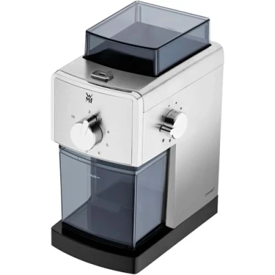 Imagen de WMF Stelio Molinillo Eléctrico de Café, Capacidad 180 gramos, Acero Inoxidable Cromargan, 17 ajustes, 110 W [Clase eficiencia energética A+]