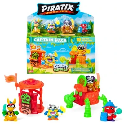 Imagen de PIRATIX ADVENTURE WORLD Serie Crazy Jungle, Captain Pack Black Silk Incluye 4 Piratix, 1 capitán Dorado, Accesorios neón, Jaula, cañón, 2 Tesoros exclusivos, Banderas neón. 1/6