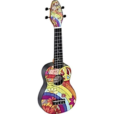 Imagen de Ortega Guitars Ukelele Soprano Keiki K2 con diseño Hippie incluye afinador, 5 puas de grosor medio y funda estilo bolsa cuerdas logo madera Kauri, 68