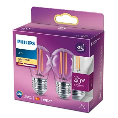 Imagen de Philips Bombilla LED cristal 40W P45 E27 luz blanca cálida, transparente, no regulable pack 2