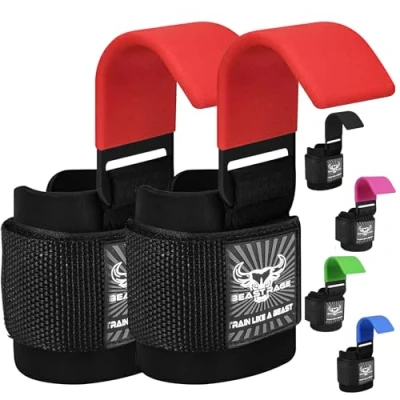 Imagen de BEAST RAGE Ganchos para levantamiento de pesas, correas muñeca neopreno grueso acolchado con revestimiento goma, antideslizantes, peso, entrenamiento, gimnasio, (Red)