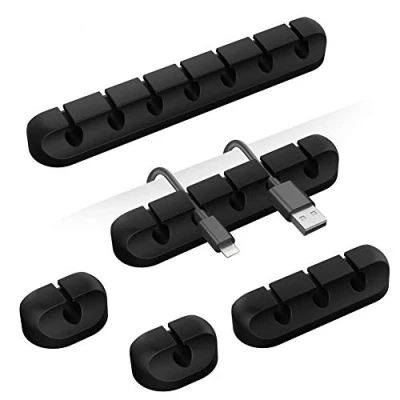 Imagen de Clips para cables, 5 unidades, organizador de ganchos adhesivos escritorio, cable alimentación, carga USB, cargadores, oficina y usuarios privados (negro, 1 3 7 ranuras)