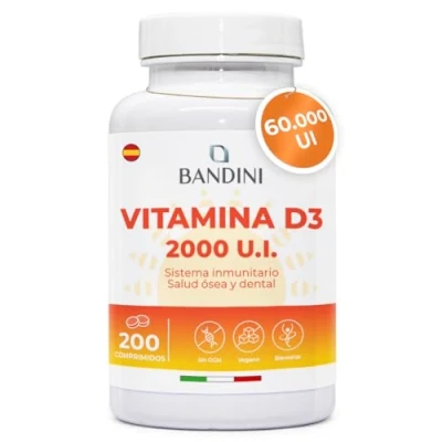 Imagen de Bandini® Vitamina D 60.000 UI/mes comprimidos Defensa inmunitaria, Salud ósea, dental y muscular, Metabolismo del calcio, 50 mcg Colecalciferol, Vitaminas D3 pura (200 unidad (Paquete de 1))