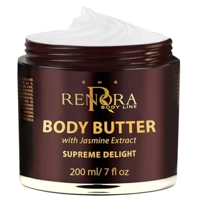 Imagen de RENORA Manteca Corporal, Crema Hidratante Corporal con Ácido Hualurónico y Vitaminas Supreme Delight Hidratante, Reafirmante Nutritiva, Aroma Jazmín, E+C+F Urea Textura Suave 200ml