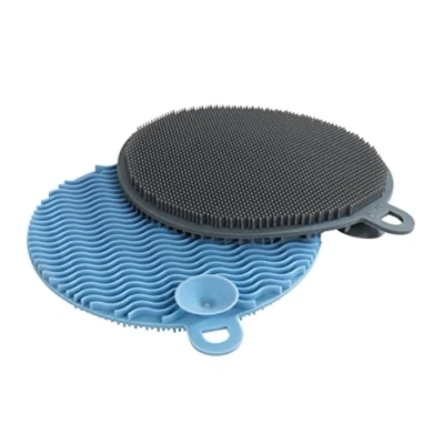 Imagen de WENKO esponja de limpieza silicona suave, juego 2 unidades, esponjas para vajilla que no provocan rayaduras, higiénica apta el lavavajillas con Ø 12 x 1,2 cm cada una, en gris/azul