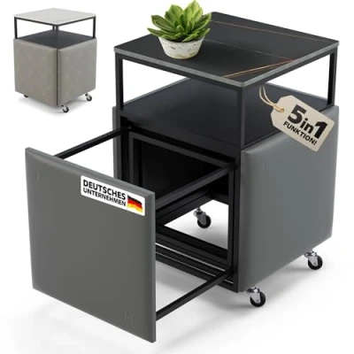 Imagen de Heimtrend Juego de 4 taburetes 5 en 1 Cube negro con mesa auxiliar, ruedas [plegables] para ahorrar espacio, espacio almacenamiento, salón, comedor, dormitorio, etc