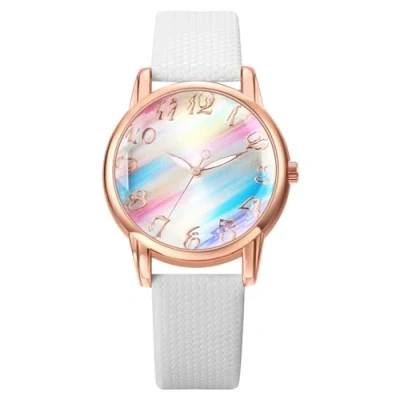 Imagen de JewelryWe Reloj Analógico Redondo Mujer: Relojes de Cuarzo Estilo Universitario para Estudiantes Esfera Arco Iris Correa Cuero Blanco Escala Números Grandes Ocio Negocios Regalos