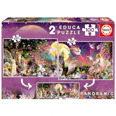 Imagen de Educa 2x100 Tríptico de Hadas, 2 Puzzles 100 Piezas, júntalos y obtendrás un fantástico Puzzle panorámico, Medidas: 40 x 28 cm, A Partir 6 años (19291)