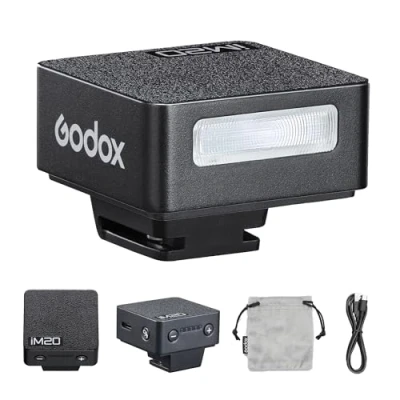 Imagen de Godox IM20 Mini flash de cámara, tiempo reciclaje 3 segundos, potencia completa 440 grados, batería litio integrada para Fuji, Canon, Nikon, Sony, cámara