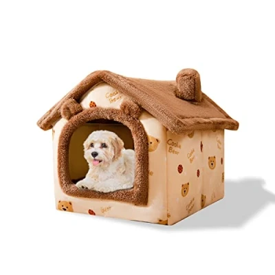 Imagen de Galatée Cama De Cueva Gato, Lavable para Perros, Iglú Felpa Cálida y Acogedora Gatos, Casa Mascotas Plegable, con Fondo Antideslizante(M, Oso Pardo Oscuro)