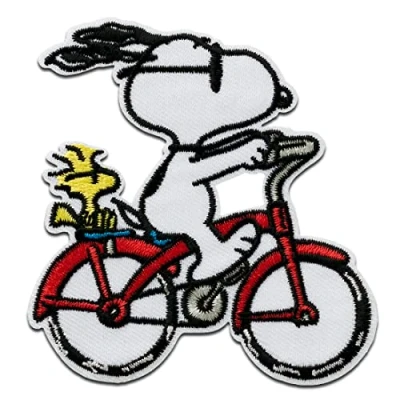 Imagen de Mono Quick Peanuts Bicicleta Snoopy Parches Termoadhesivos Bordados Aplique Para Ropa, Tamaño: 7,8 x 7,4 cm
