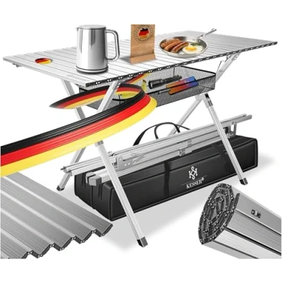 Imagen de KESSER mesa de camping plegable con marco aluminio, plegable, altura regulable 145 cm x 70 hasta 100 kg, incluye bolsa transporte correa y red, color plateado