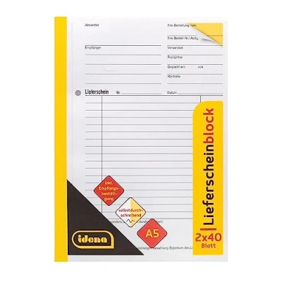 Imagen de Idena 10847 Libreta de entrega, DIN A5, autocopiable, 2 x 40 hojas, incluye confirmación recepción