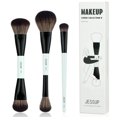 Imagen de Jessup Set Brochas de Maquillaje Facial,3pcs Juego Pinceles Doble Punta para Base Contorno Rubor Resaltador y Corrector Veganas Premium Cian Brillante T503