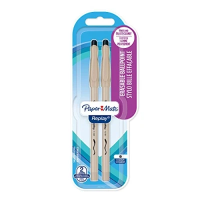 Imagen de Paper Mate Replay bolígrafo borrable, punta media de 1,0 mm, negro, paquete 2