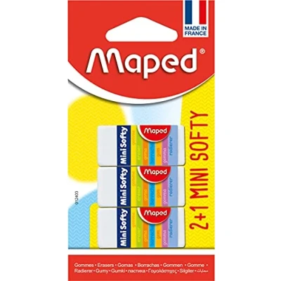Imagen de Maped Material Escolar Goma de Borrar Mini Softy Pack con 3 Unidades Textura Suave Tamaño Compacto Ideal para Estuches Funda Cartón 18 x 12,5 39 mm