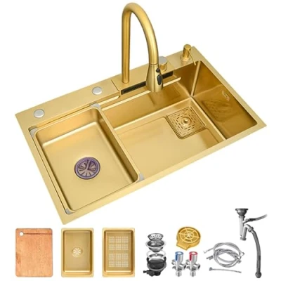 Imagen de DSMRLEOP fregadero de cascada dorada, cocina multifuncional 304 acero inoxidable, con grifo dorado y otros accesorios (Color : Gold, S 68x45cm)