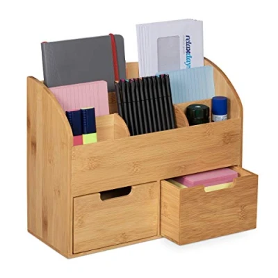 Imagen de Relaxdays Organizador Escritorio, 6 Compartimentos, 2 Cajones, Material de Oficina, Madera Bambú, 26x33x13,5 cm, Natural