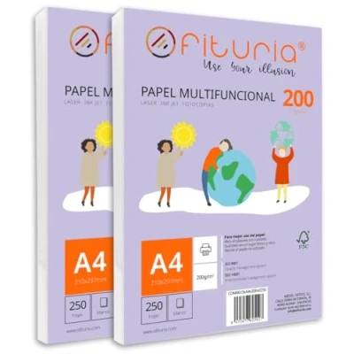 Imagen de Paquete de folios A4 200gr con 500 Hojas Blancas, Papel Multifuncional para Uso Escolar y Entornos Laborales. Ideal impresoras láser, inyección o fotocopiadoras Ofituria