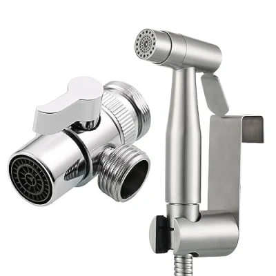 Imagen de Tecmolog Ducha Bidet Acero Inoxidable Kit de Lavabo 2 Chorros Grifo con Soporte Ducha, Valvula Desviadora y Manguera 2m, WS024AF4
