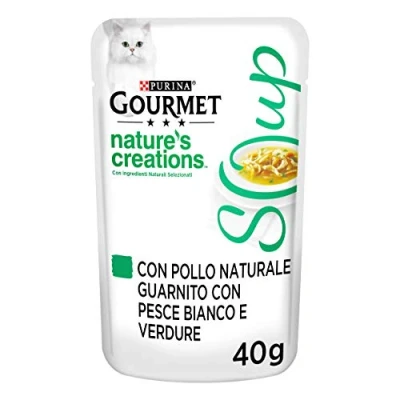 Imagen de Purina Gourmet Nature&#039;s Creations Soup Húmedo Gatos con Pollo, Pescado Blanco y Verduras, 32 Sobres de 40 g