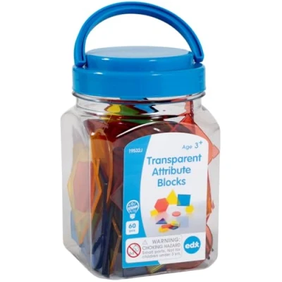 Imagen de edxeducation Bloques de atributos transparentes, mini tarro, juego 60 formas plástico coloridas, accesorio caja luz, sensorial