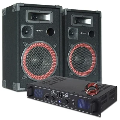 Imagen de SkyTec DJ PA Pack de 2 Altavoces 10 Pulgadas con Amplificador 700W Puerto USB/SD, Pantalla retroiluminada Azul en el y Cable conexión Metros. Ideal para Eventos