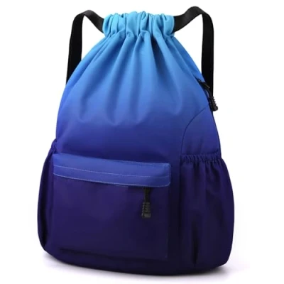 Imagen de Eucomir Mochilas De Cuerdas, Mochila Deporte Gym Malla Agua, Bolsa Cordón Impermeable Gimnasio Con Cremallera Exterior Para Deportes Vacaciones, Azul Degradado